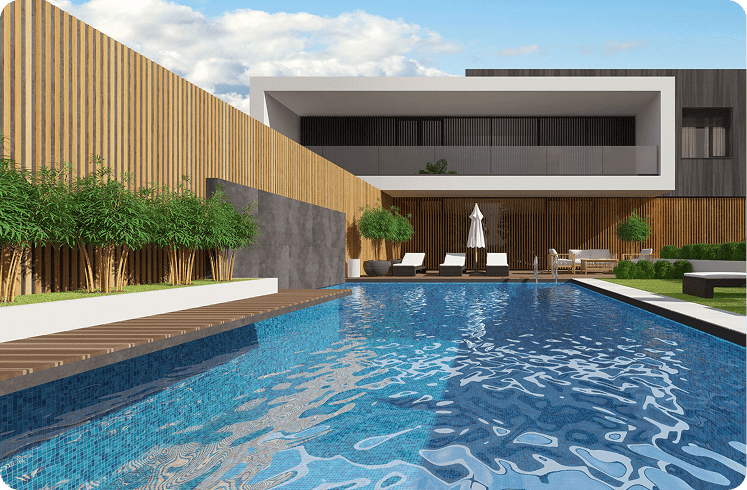 Modern house with pool and patio furniture.